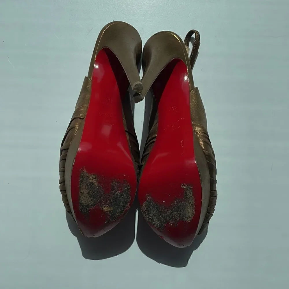 Christian Louboutin Peep Toe Golden Glam Bronze Leather Red Bottom Heels 40.5
